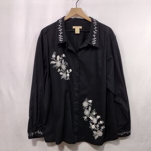 Bechamel Woman Embroidered Floral Button Shirt Womens 3X Black Cottagecore Retro